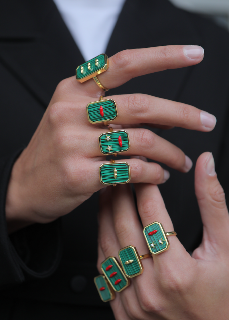 Malachite Lip Ring With Crystal Stars